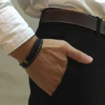 Vnox Unique Sew Lines Genuine Leather Bracelets for Men Women Stainless Steel Bar Layered Bangle Causal Pulseira - Image 3