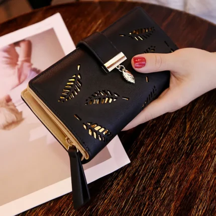Ladies Fashion Wallet PU Leather Phone Purse Female Hollow Leaves Pouch Clutch Handbag For Women Coin Card Holders Long Wallets