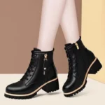 Women's Chunky Sole Ankle Boots ​ ​ Lace-Up & Side-Zip Combat Boots Winter Fleece-Lined Booties Versatile Leather Boots Platfo