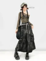 REDDACHiC ICON Women Eyelets Heavy Denim Cargo Skirt Tie Dye Multi-pocket Pleats A-line Long Jeans Skirt Retro Grunge Streetwear - Image 3