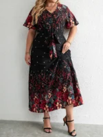 Plus Size Casual Dress Woman 2024 Summer V Neck Short Sleeve Floral Print Long Dress Black Curvy Size Women Clothing - Image 2