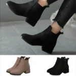 Women Autumn&Winter Flocked Short Boots Fashion Round Head Non Slip Square Heel Solid Black Boots Size 35-41 Platform Boots - Image 4