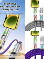 4 in 1 Multi Interface Charger Rotating Elbow USB to Type-C 1M Mobile Phone 240W Fast Charging Silicone Cable Data Transfer - Image 4