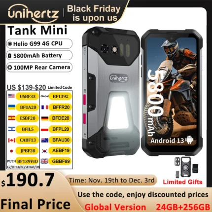 Unihertz 8849 Tank Mini Rugged Smartphone 4.3 Inch Display Android 13 5800mAh 24GB 256GB Helio G99 Octa Core 100MP Cameras IP68