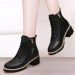 Women's Chunky Sole Ankle Boots ​ ​ Lace-Up & Side-Zip Combat Boots Winter Fleece-Lined Booties Versatile Leather Boots Platfo - Image 3
