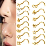 1PC Surgical Steel 18K Gold Plated Twisted Nose Nail Crystal Irregular Nose Bone Screw Ring Nostril Body Piercing Jewelry 20G