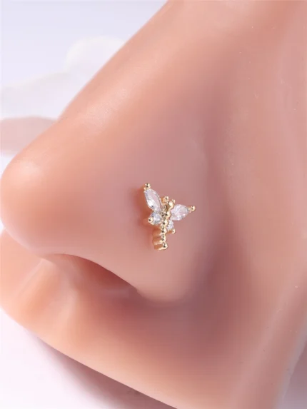 1Pcs 20G L Shaped Nose Studs CZ Cute Animal Style Dragonfly Design Gold Silver Color Nose Piercing for Women Girl Cute Nostril