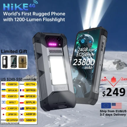 Unihertz Hike 8849 Rugged Smartphone Android 14 with 1200 Lumen 200 Meter Flashlight 23800mAh 12GB+512GB G200 CPU Dual Speaker