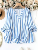 Plus Size Woman Fashion Spring Plaid T-shirt V-neck Jumper Light Breathable Tops European and American Style Beach Travel Clothe - Image 4