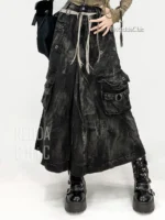 REDDACHiC ICON Women Eyelets Heavy Denim Cargo Skirt Tie Dye Multi-pocket Pleats A-line Long Jeans Skirt Retro Grunge Streetwear - Image 5