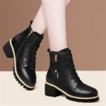 Women's Chunky Sole Ankle Boots ​ ​ Lace-Up & Side-Zip Combat Boots Winter Fleece-Lined Booties Versatile Leather Boots Platfo - Image 5