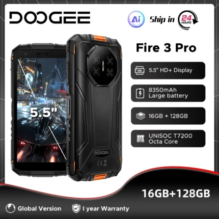DOOGEE Fire 3 Pro Rugged Phone 16GB 128GB 5.5" HD+ Display 8350mAh Battery UNISOC T7200 16MP+8MP NFC Android 15 Smartphone