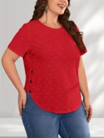 Fashion Women's Plus Size 1XL-5XL Hollow Short Sleeve T-shirt Casual Loose Button Detail Curved Hem T-shirt Round Neck T-shirt