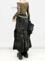 REDDACHiC ICON Women Eyelets Heavy Denim Cargo Skirt Tie Dye Multi-pocket Pleats A-line Long Jeans Skirt Retro Grunge Streetwear - Image 6