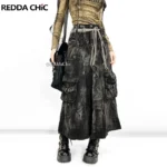 REDDACHiC ICON Women Eyelets Heavy Denim Cargo Skirt Tie Dye Multi-pocket Pleats A-line Long Jeans Skirt Retro Grunge Streetwear
