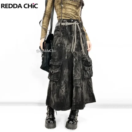 REDDACHiC ICON Women Eyelets Heavy Denim Cargo Skirt Tie Dye Multi-pocket Pleats A-line Long Jeans Skirt Retro Grunge Streetwear