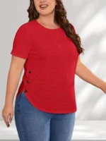 Fashion Women's Plus Size 1XL-5XL Hollow Short Sleeve T-shirt Casual Loose Button Detail Curved Hem T-shirt Round Neck T-shirt - Image 4