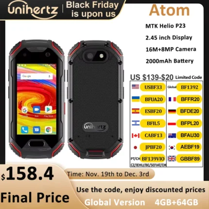 Unihertz ATOM Mini Rugged Smartphone 4GB 64GB Android 9 Octa Core 2.45 inch Unlocked Cellphone 2000mAh NFC