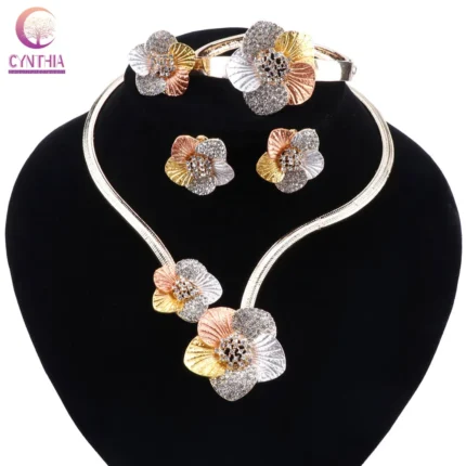 CYNTHIA Dubai Gold Color Jewelry Sets For Women Flower Shape Necklace Earrings Bracelet Nigerian Bridal Wedding Party Jewelry