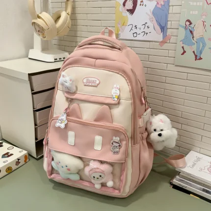 Cute Backpack School Bag Transparent Window Plush Puppy Cartoon Decor Large Capacity Nylon Zipper Adjustable Straps for Travel