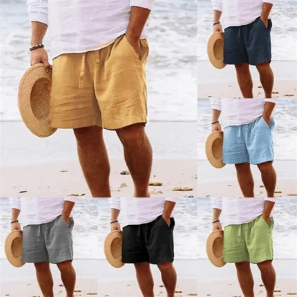 Plus Size Summer Mens Linen Solid Color Short Lightweight Gym Pants Cotton Beach Shorts Men Fitness Sport Large Breathable Short