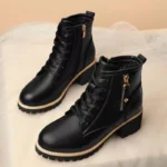 Women's Chunky Sole Ankle Boots ​ ​ Lace-Up & Side-Zip Combat Boots Winter Fleece-Lined Booties Versatile Leather Boots Platfo - Image 2