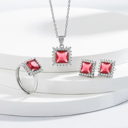925 Sterling Silver Jewelry Set, Women's Shining Jewelry Cubic Zirconia Red Crystal Necklace Earrings Ring Birthday Gift Jewelry