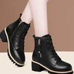 Women's Chunky Sole Ankle Boots ​ ​ Lace-Up & Side-Zip Combat Boots Winter Fleece-Lined Booties Versatile Leather Boots Platfo - Image 4