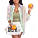 See-through Irregular Gradient Rainbow Long Sleeved Shirt And Blouses Thin For Women Clothes Loose Top Pink Casual Fashion Trend - Image 3