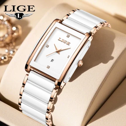 LIGE Fashion Square Quartz Woman Watches Ceramics Elegant Simple Diamond Auto Date Romantic Birthday Gift Leisure Wristwatch New