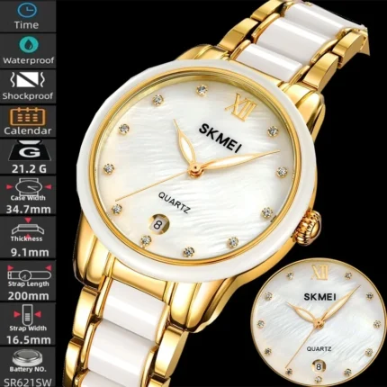 Skmei Womens Quartz Calendar Wristwatch Luxury Rhinestone Dial Zinc Alloy Band Analog Display Female Bracelet Waterproof Watches