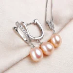 YWYC Horseshoe 8-9mm Rice Freshwater Pearl Earrings&Necklaces Jewelry Set for Women 925 Sterling Silver 45cm Pendant Necklace - Image 4