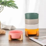 Ceramic Pet Bowl Dish With Wood Stand No Spill Pet Ceramic Double Bowl For Dog Cat Food Water Feeder Cats Small Dogs Pet bowl - Image 2