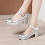 Cowhide high heels women's platform round toe Shallow mouth work shoes women's single shoes girls leather shoes large size - Image 5