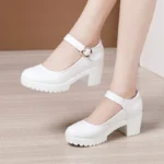 Cowhide high heels women's platform round toe Shallow mouth work shoes women's single shoes girls leather shoes large size - Image 3