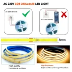 5m 10m 20m 30m COB LED Strip Light 220V Flex Tape Lamp with IC Chip High Bright 240 LEDs Linear Lighting RA90 Warm Natural White - Image 4