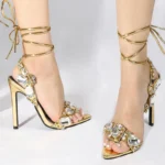 Liyke Sexy Ankle Strap Golded Sandals Women Party Nightclub Stripper Heels High Quality Crystal Diamond Pointed Toe Wedding Shoe - Image 4