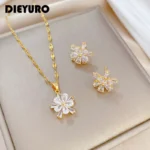 DIEYURO 316L Stainless Steel Lovely White Crystal Flower Charm Necklace Earrings For Women Girl New Trendy Jewelry Set Gift