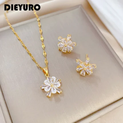DIEYURO 316L Stainless Steel Lovely White Crystal Flower Charm Necklace Earrings For Women Girl New Trendy Jewelry Set Gift