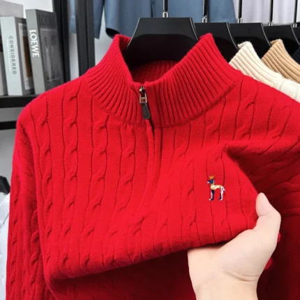 Luxury Brand Man Long Sleeves Knitwear Half-Zip Puppy Embroidery Mock Neck Winter Korean-Style Pullover Comfortable Casual Tops