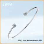 EWYA Four Prong Moissanite Cuff Bangle 5mm 0.5CT Round Cut D Color 925 Silver Open Hand Chain Bracelet For Women Girl Lady Gift