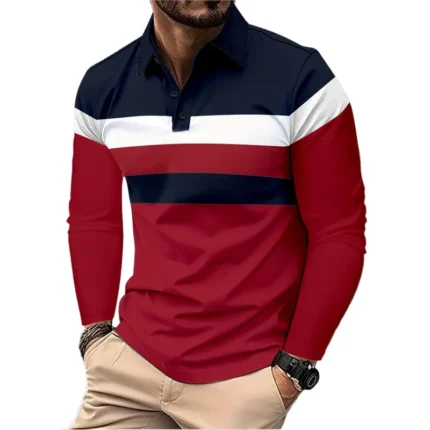 New Men's Long Sleeved Lapel Breathable Polo Shirt Plus Size Man Basic-Style Fashion Patchwork Tops Fall Men Clothing Golf Wear