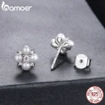 BAMOER Four-leaf Clover Moissanite Earrings, Natural Freshwater Pearls Round Cut Lab Created Diamond Wedding Stud Earrings S925 - Image 5