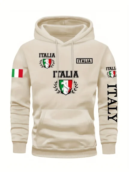 Men's Italy Print Pullover Front Pocket Machine Washable Autumn Winter Comfort Fit Italy Sweatshirt Comfortable Knit Fabric