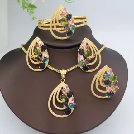 Sunnice Quality Fashion Women Jewelry 5in1 Set Diamond Zircon Romantic Vantage Large Earring Necklace Big Ring Drop Style