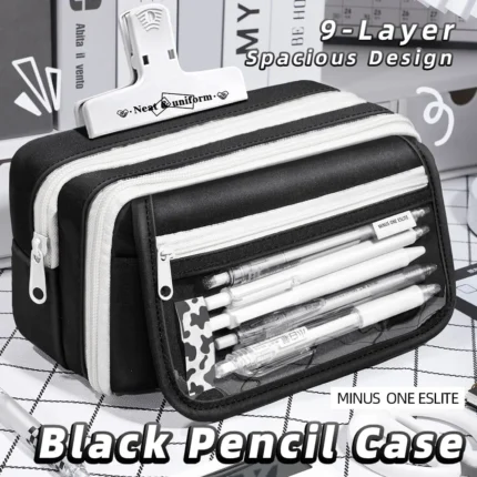 Inkpals Black Pencil Case Large Capacity Children'S Kawaii School Cases Pouch Big Boy Back To School Bag Organizer Box For Pens