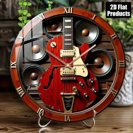 Silent Quartz Movement Round Wall Clock with Red Electric Guitar & Speakers Design - Glass Art Clock for Bedroom, Kitchen, Stud