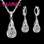 Hot Water Drop CZ 925 Sterling Silver Jewelry Set For Women Pendant Necklace Hoop Earrings Wedding Party Ceremoey Anel
