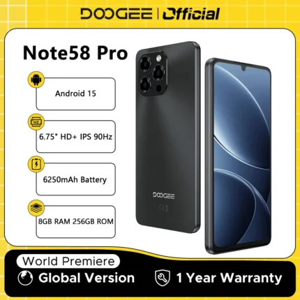Global Version DOOGEE Note58 Pro Smartphone 6.75" HD+ Display 8GB+256GB 6250mAh Large battery Android 15 NFC Cellphone