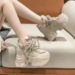 Women Walking Sneakers Autumn Lace-up High Platform Chunky Shoes Breathable Leather Shoes 10CM Winter Wedge Heels Casual Shoes - Image 2